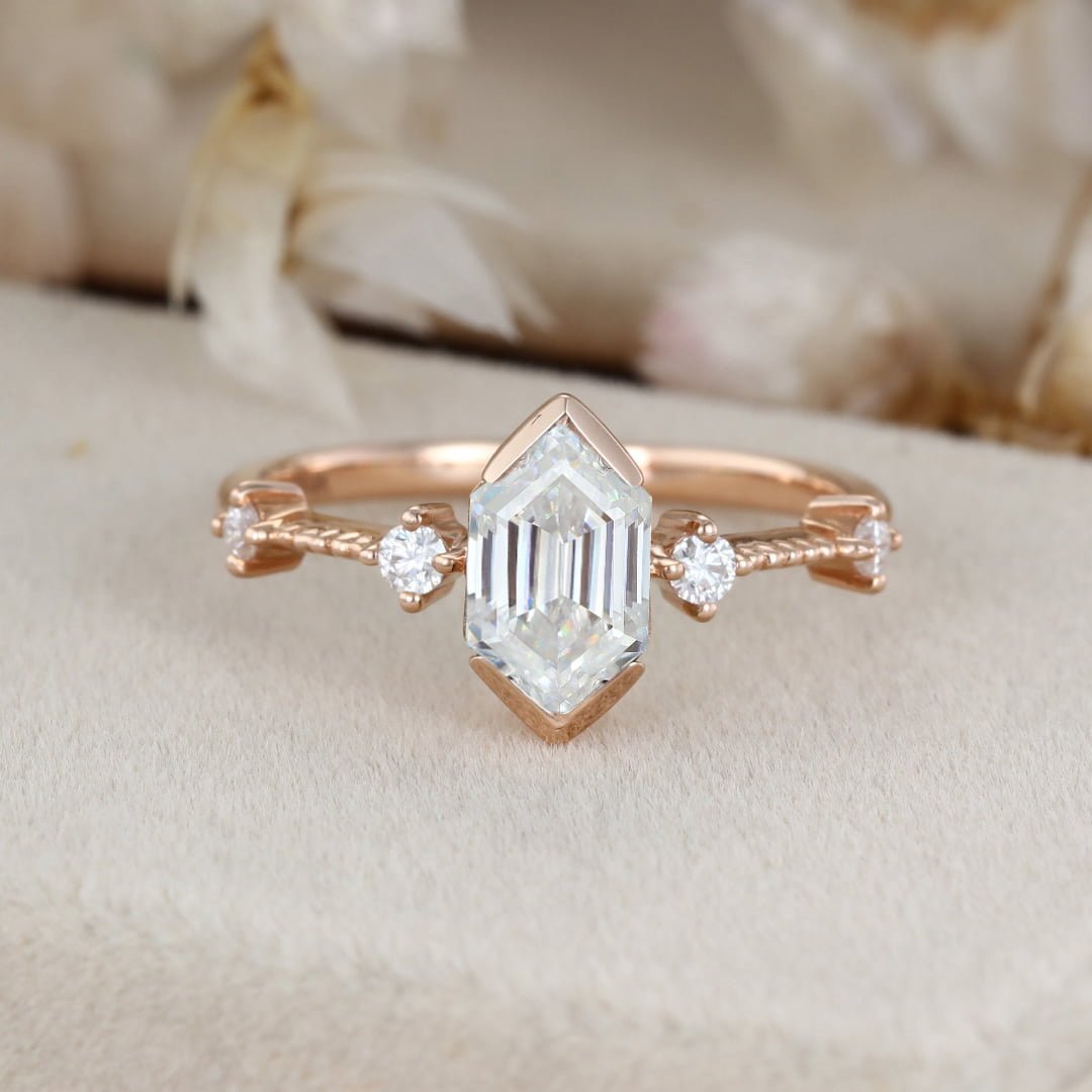 Moissanite Engagement Ring Rose gold Long Hexagon Cut Moissanite ring Unique Art Deco Cluster Wedding Bridal Promise Anniversary gift