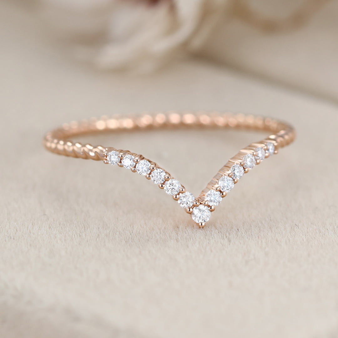 Curved wedding band 14K rose gold Unique Simple Promise Diamond Mathing band women Handmade custom wedding ring Anniversary gift for her