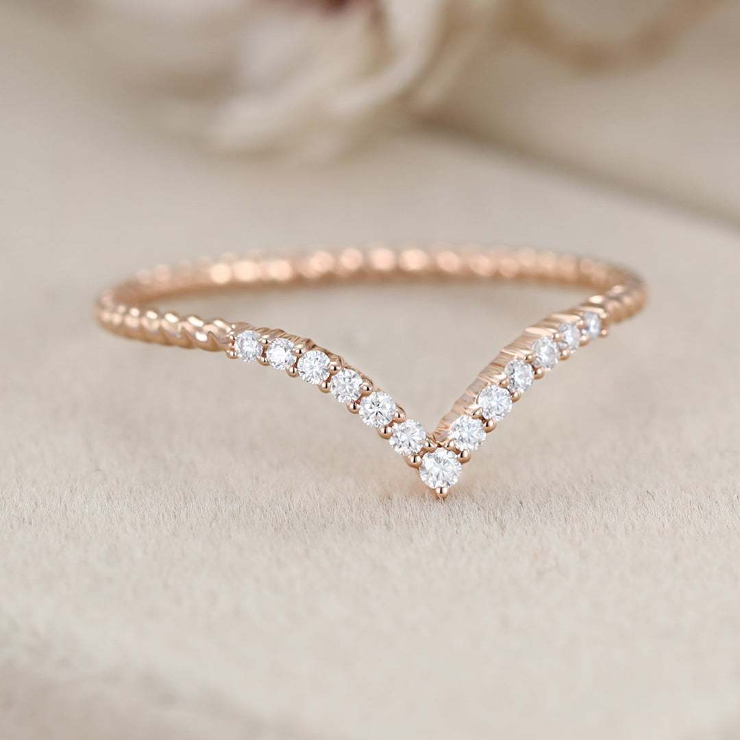 Curved wedding band 14K rose gold Unique Simple Promise Diamond Mathing band women Handmade custom wedding ring Anniversary gift for her