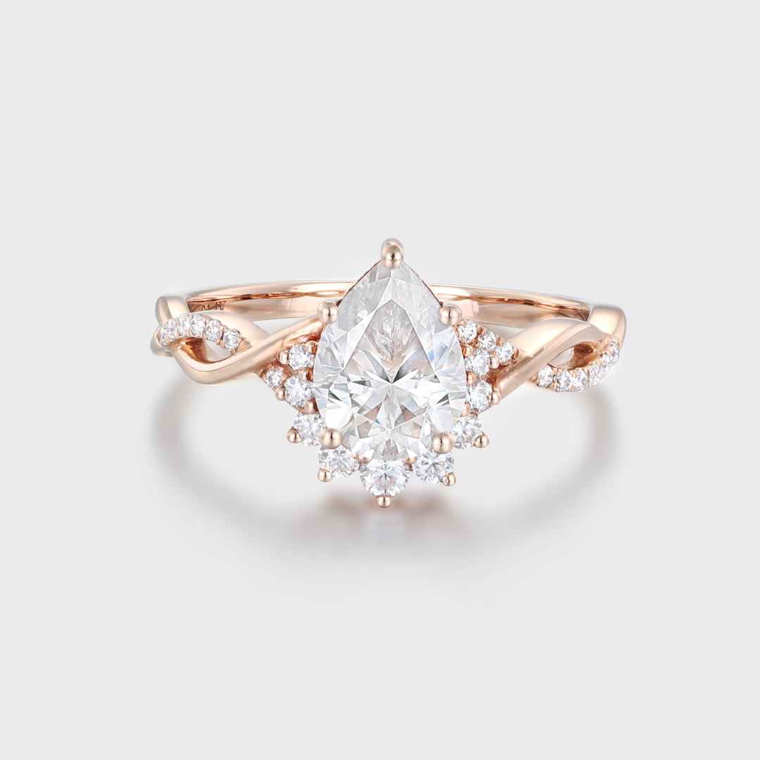 Moissanite engagement ring Pear shaped engagement ring Vintage Rose gold engagement ring twist art deco wedding ring Bridal ring for women