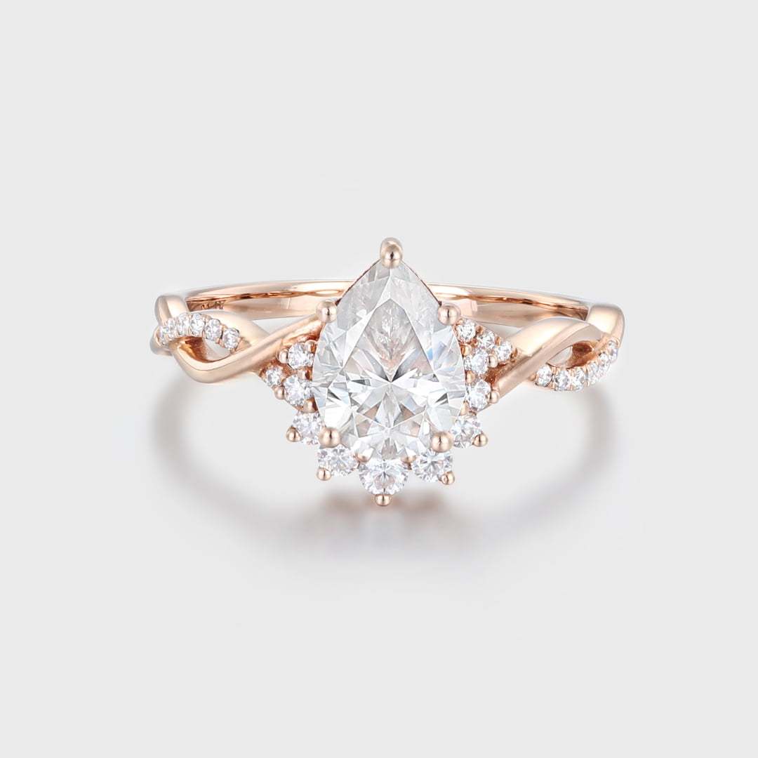Moissanite engagement ring Pear shaped engagement ring Vintage Rose gold engagement ring twist art deco wedding ring Bridal ring for women