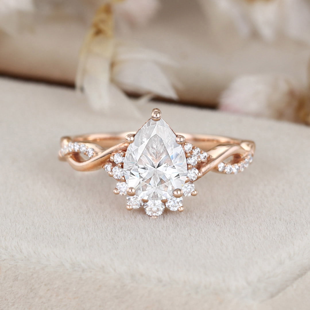 Moissanite engagement ring Pear shaped engagement ring Vintage Rose gold engagement ring twist art deco wedding ring Bridal ring for women