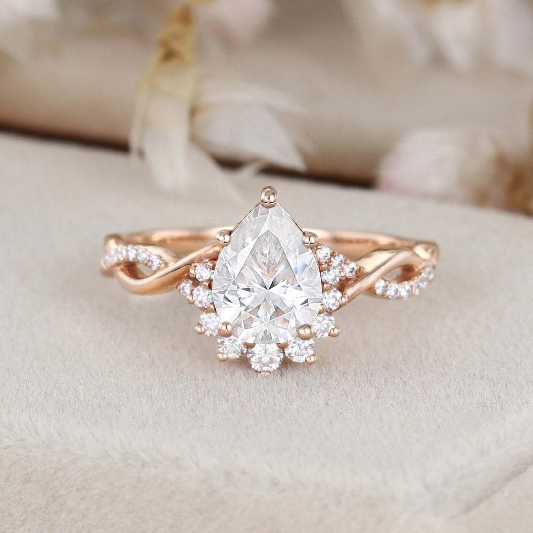 Moissanite engagement ring Pear shaped engagement ring Vintage Rose gold engagement ring twist art deco wedding ring Bridal ring for women