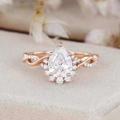 Moissanite engagement ring Pear shaped engagement ring Vintage Rose gold engagement ring twist art deco wedding ring Bridal ring for women
