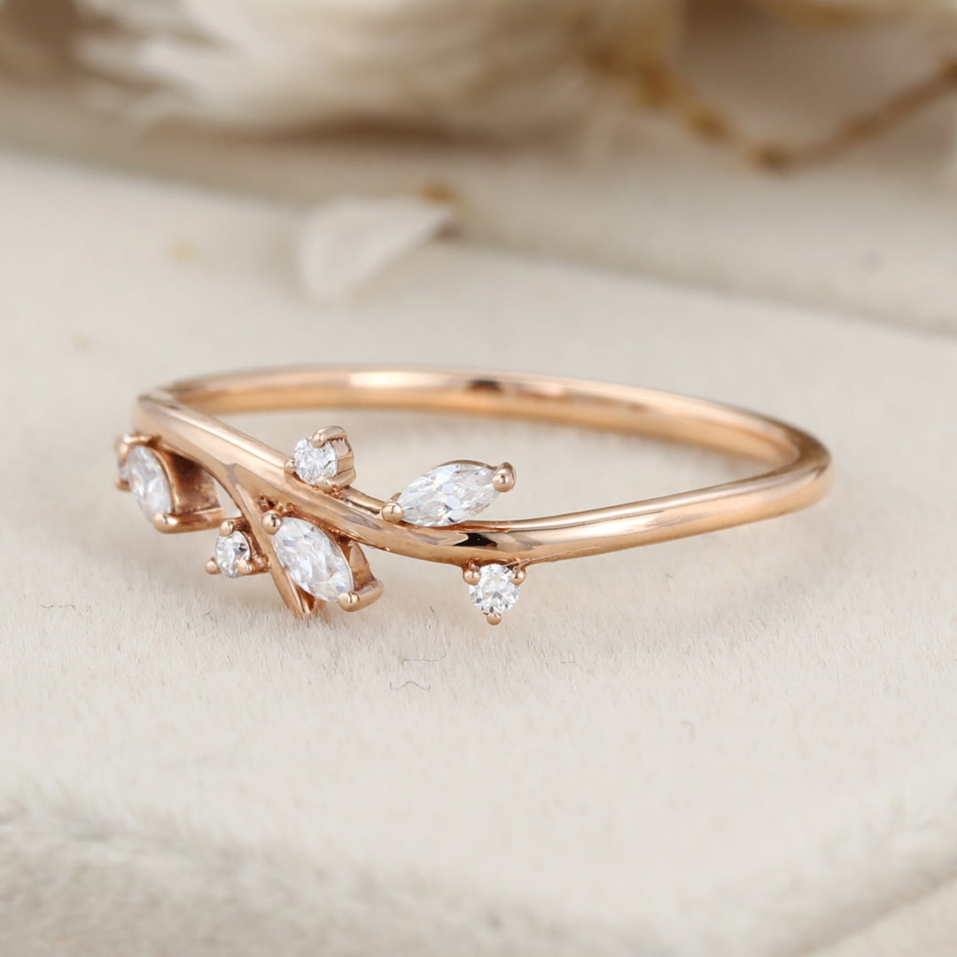 Moissanite wedding band Marquise wedding band Unique Vintage rose gold wedding band diamond ring stacking matching promise ring Anniversary