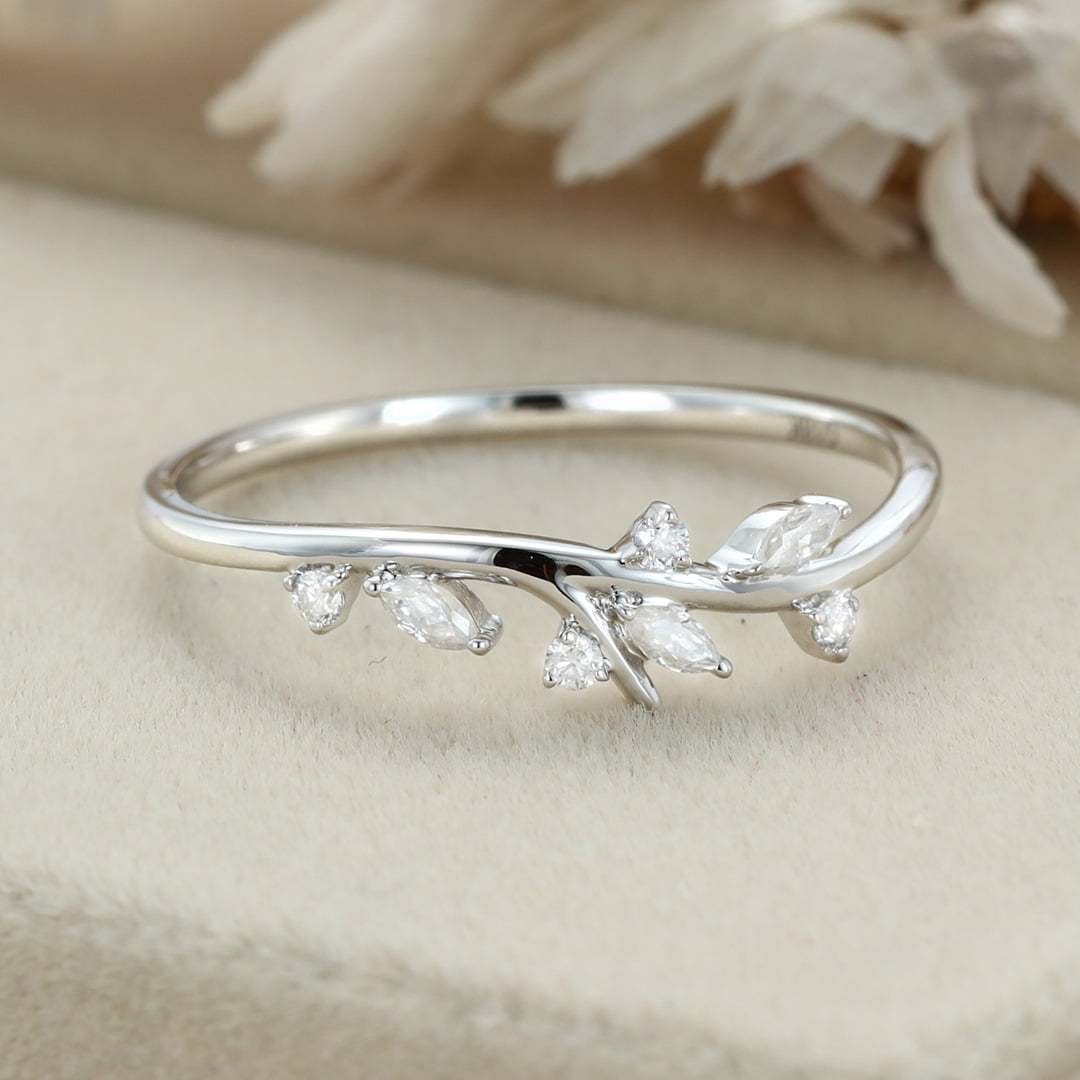 Moissanite wedding band Marquise wedding band Unique White gold wedding band diamond ring stacking matching promise ring Anniversary gift