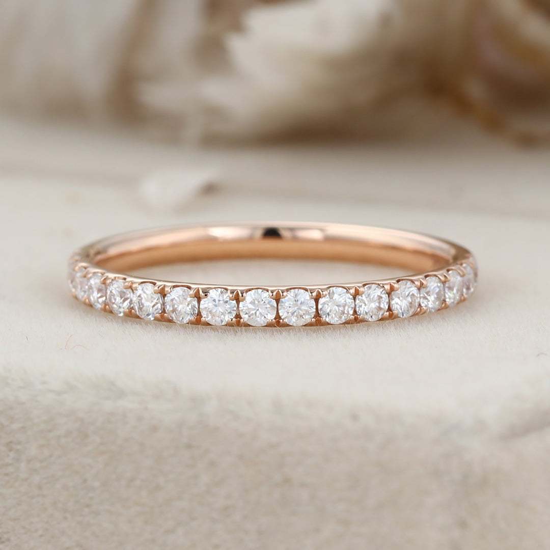 Moissanite wedding band women Rose gold wedding band vintage Unique Half eternity Stacking Matching band delicate bridal promise gift ring