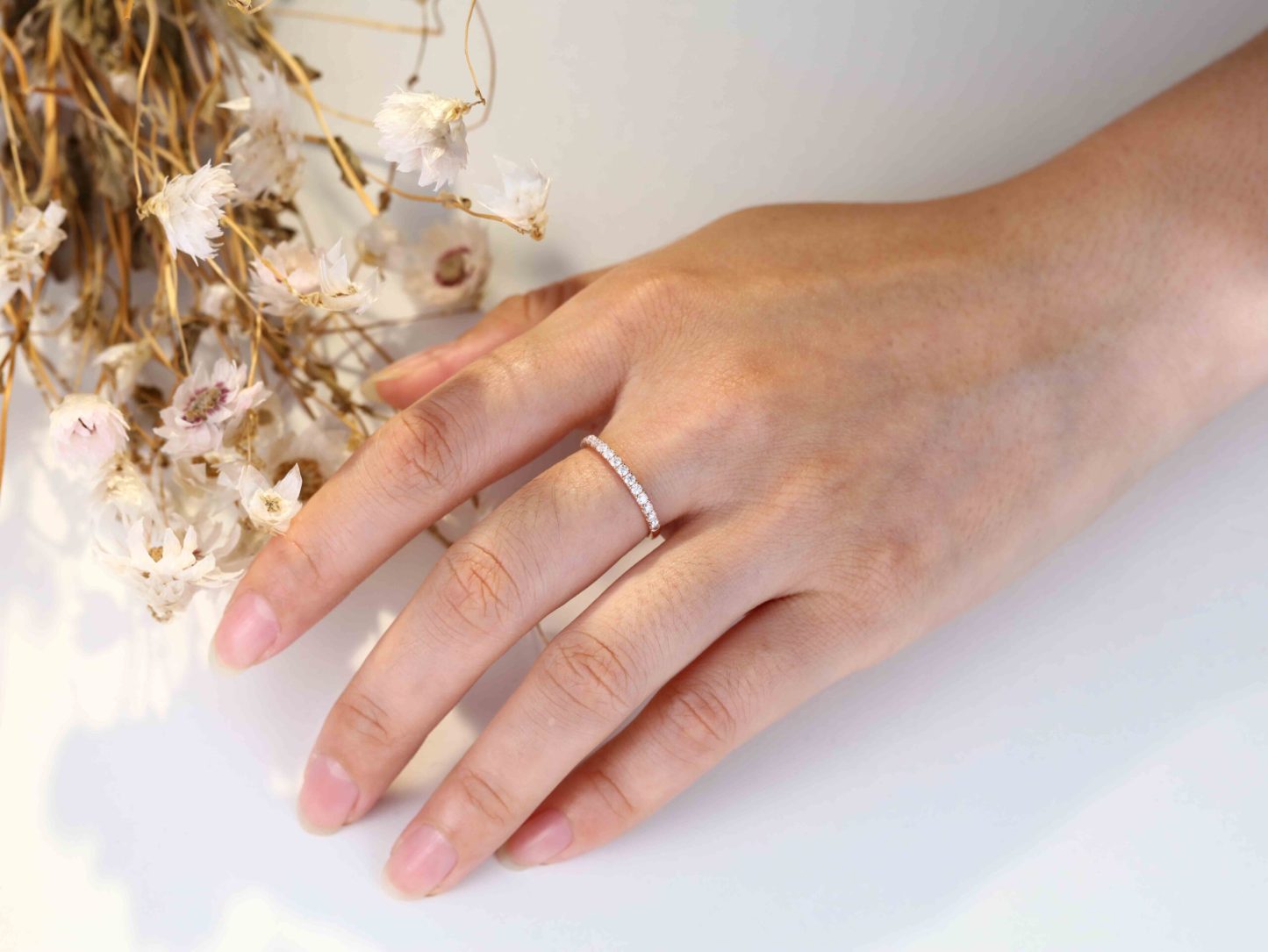 Moissanite wedding band women Rose gold wedding band vintage Unique Half eternity Stacking Matching band delicate bridal promise gift ring