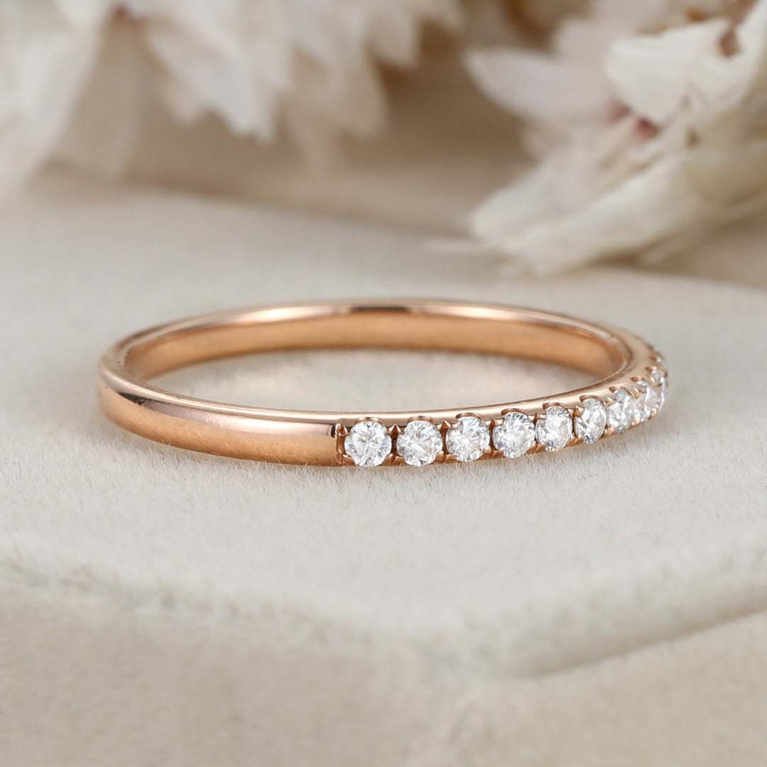 Moissanite wedding band women Rose gold wedding band vintage Unique Half eternity Stacking Matching band delicate bridal promise gift ring