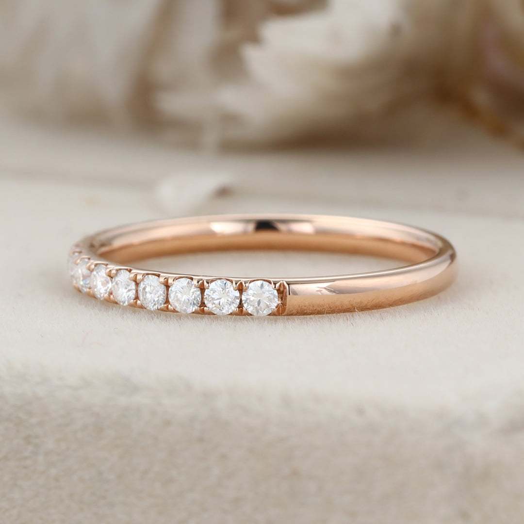 Moissanite wedding band women Rose gold wedding band vintage Unique Half eternity Stacking Matching band delicate bridal promise gift ring
