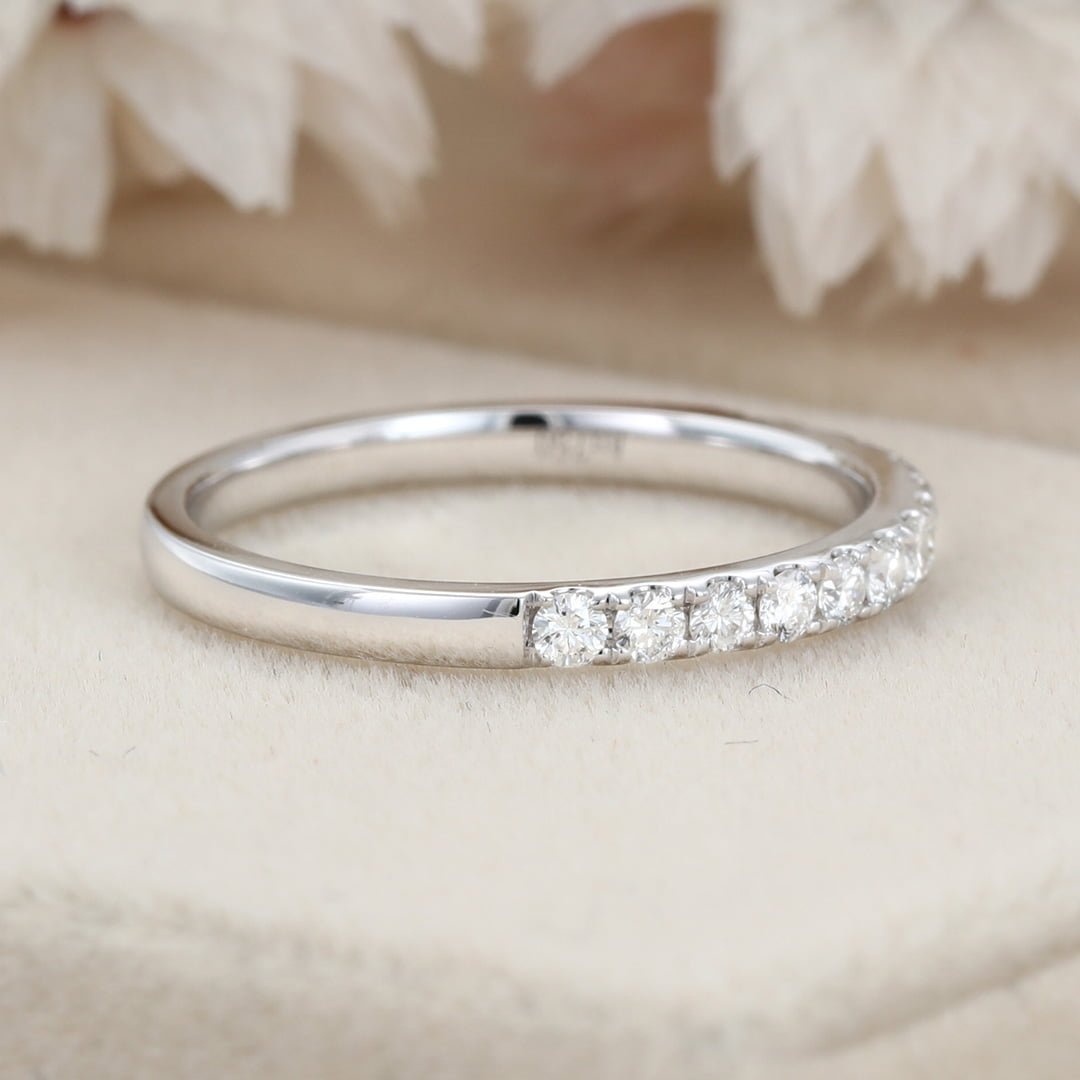 Moissanite wedding band women White gold wedding band vintage Unique Half eternity Stacking Matching band delicate bridal promise gift ring