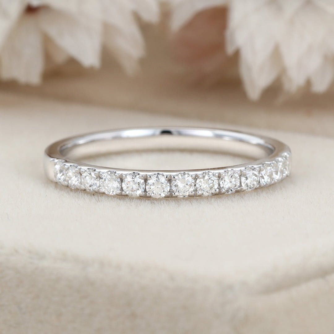 Moissanite wedding band women White gold wedding band vintage Unique Half eternity Stacking Matching band delicate bridal promise gift ring
