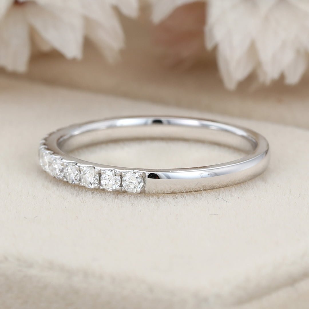 Moissanite wedding band women White gold wedding band vintage Unique Half eternity Stacking Matching band delicate bridal promise gift ring