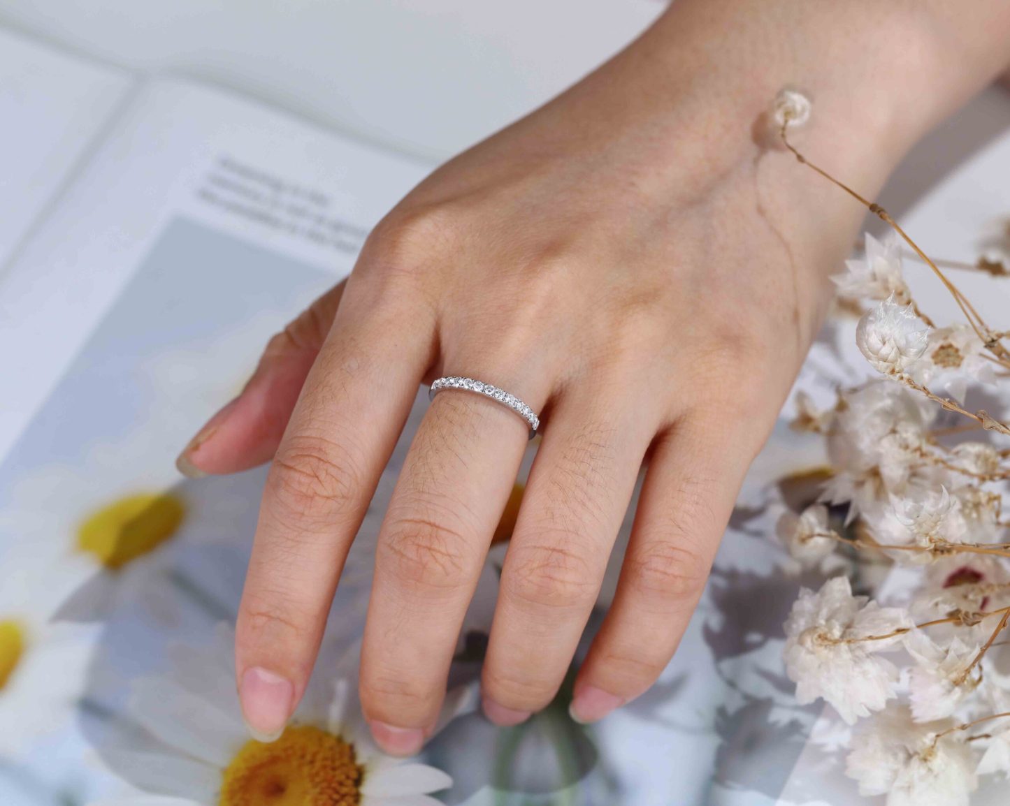 Moissanite wedding band women White gold wedding band vintage Unique Half eternity Stacking Matching band delicate bridal promise gift ring
