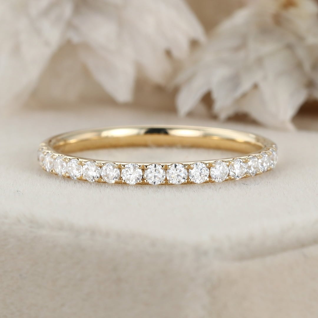 Moissanite wedding band women Yellow gold wedding band vintage Unique Half eternity Stacking Matching band delicate bridal promise gift