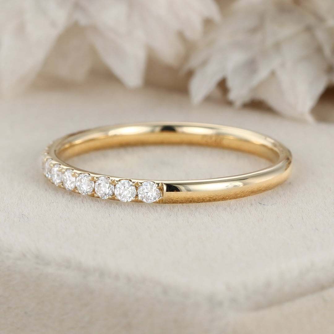 Moissanite wedding band women Yellow gold wedding band vintage Unique Half eternity Stacking Matching band delicate bridal promise gift