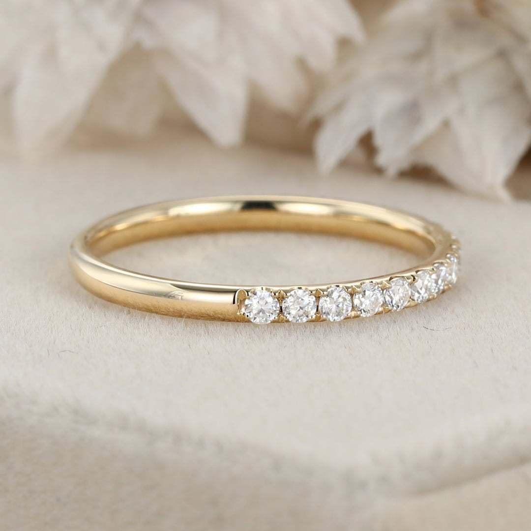 Moissanite wedding band women Yellow gold wedding band vintage Unique Half eternity Stacking Matching band delicate bridal promise gift