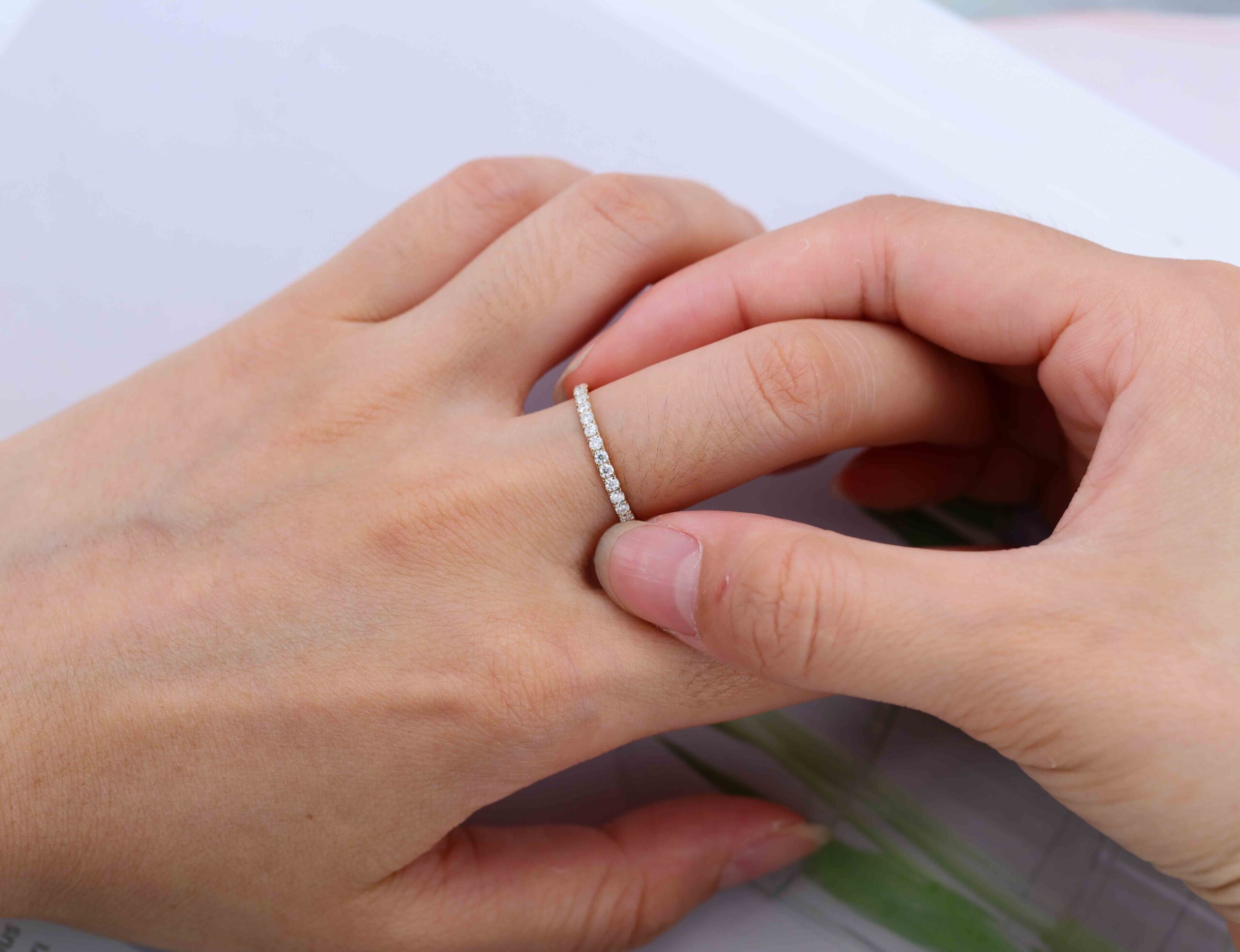 Moissanite wedding band women Yellow gold wedding band vintage Unique Half eternity Stacking Matching band delicate bridal promise gift