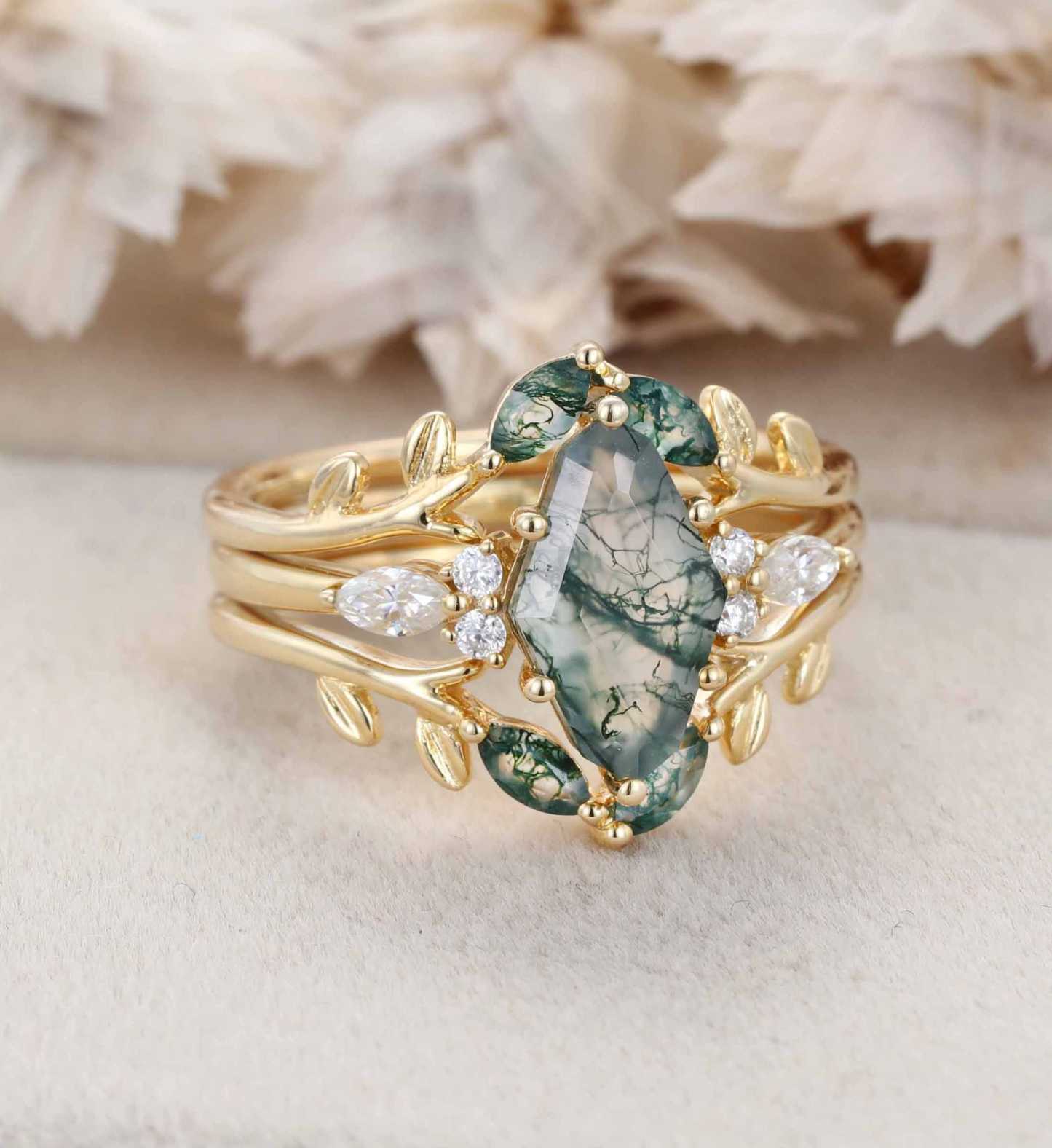 Moss Agate Engagement Ring Set Vintage Yellow Gold Unique Hexagon Shape Engagement Ring Diamond Wedding Ring Bridal Anniversary Ring Gift Women