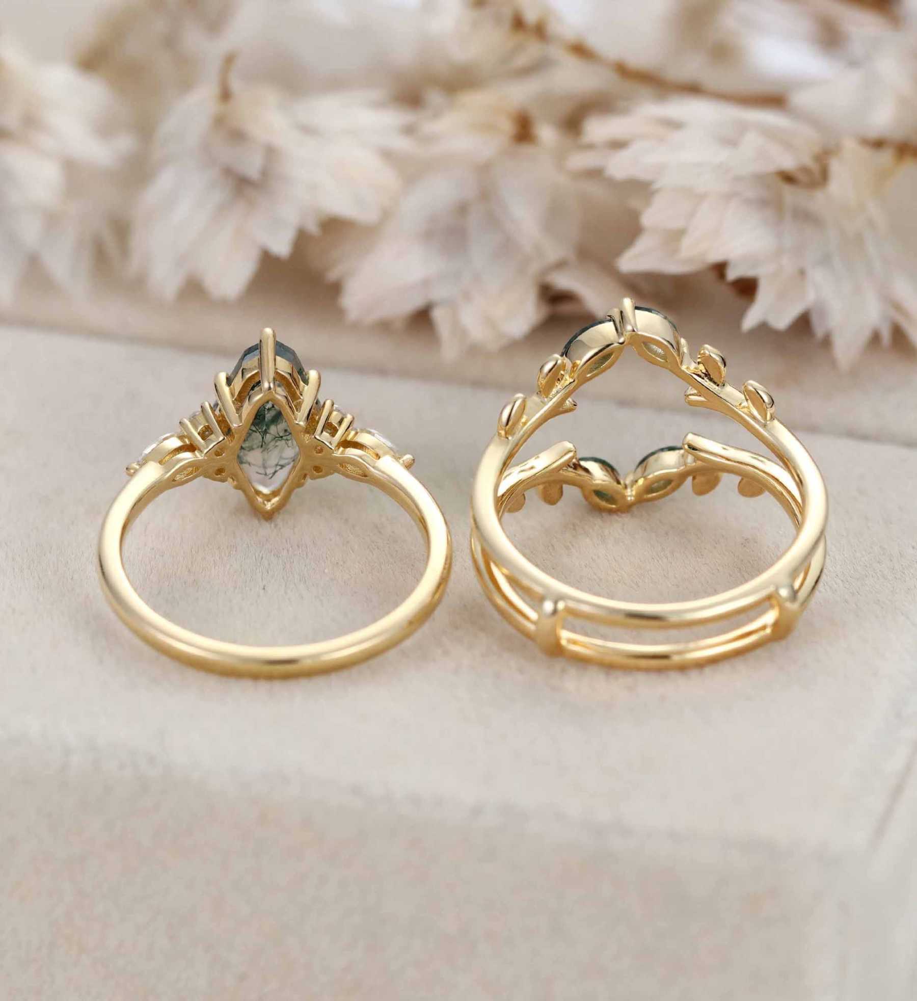 Moss Agate Engagement Ring Set Vintage Yellow Gold Unique Hexagon Shape Engagement Ring Diamond Wedding Ring Bridal Anniversary Ring Gift Women