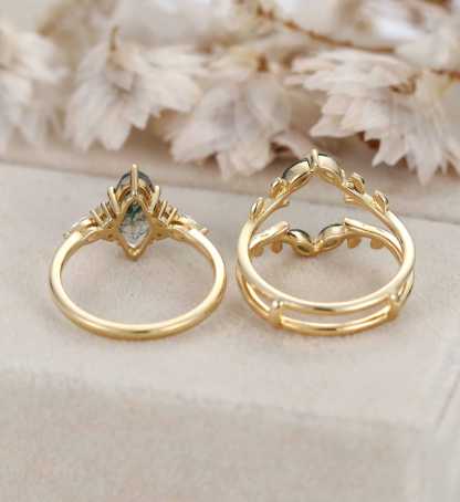 Moss Agate Engagement Ring Set Vintage Yellow Gold Unique Hexagon Shape Engagement Ring Diamond Wedding Ring Bridal Anniversary Ring Gift Women