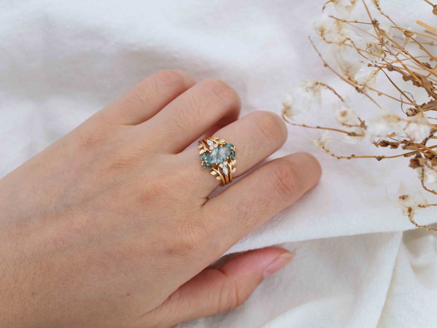 Moss Agate Engagement Ring Set Vintage Yellow Gold Unique Hexagon Shape Engagement Ring Diamond Wedding Ring Bridal Anniversary Ring Gift Women