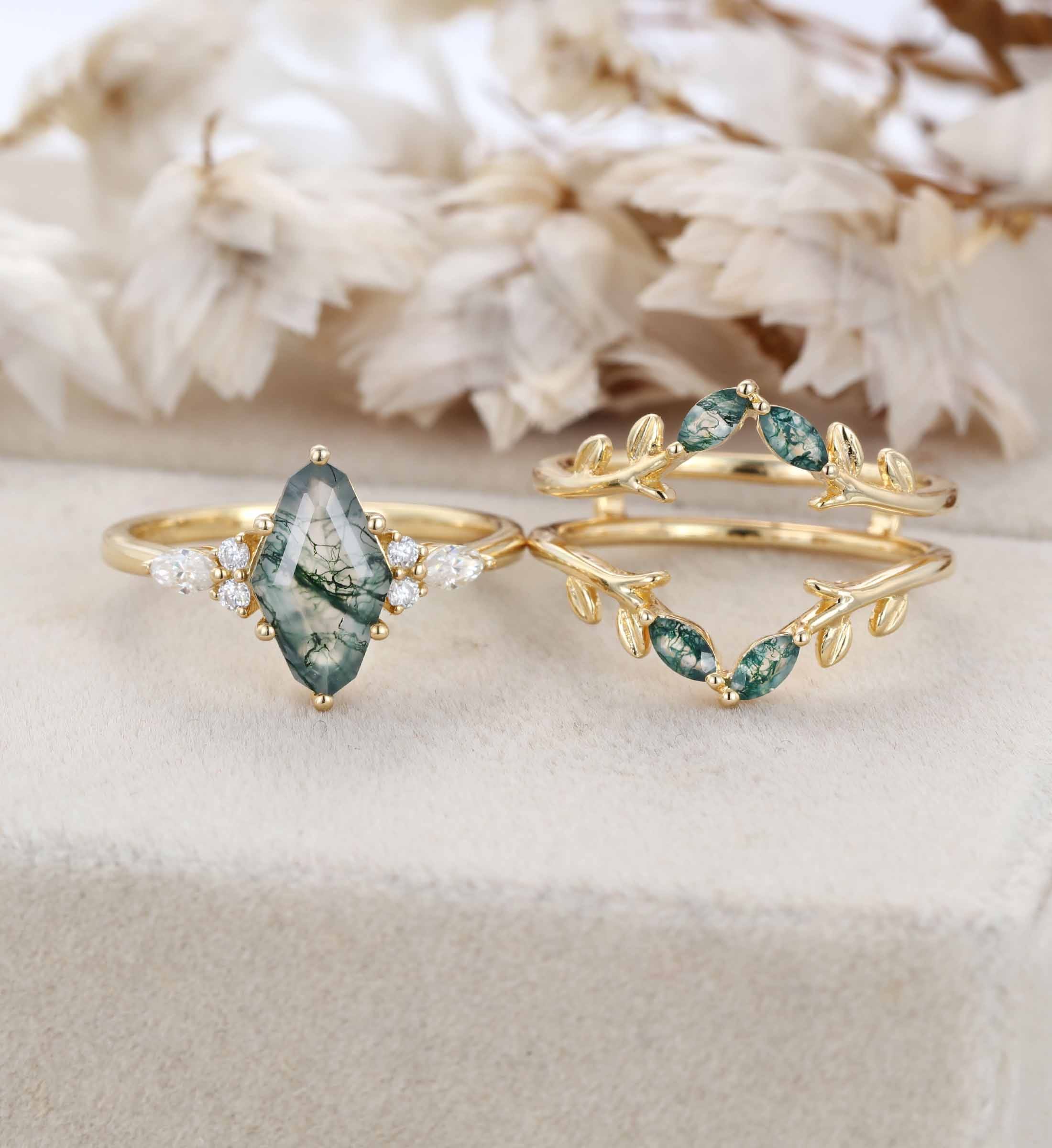Moss Agate Engagement Ring Set Vintage Yellow Gold Unique Hexagon Shape Engagement Ring Diamond Wedding Ring Bridal Anniversary Ring Gift Women