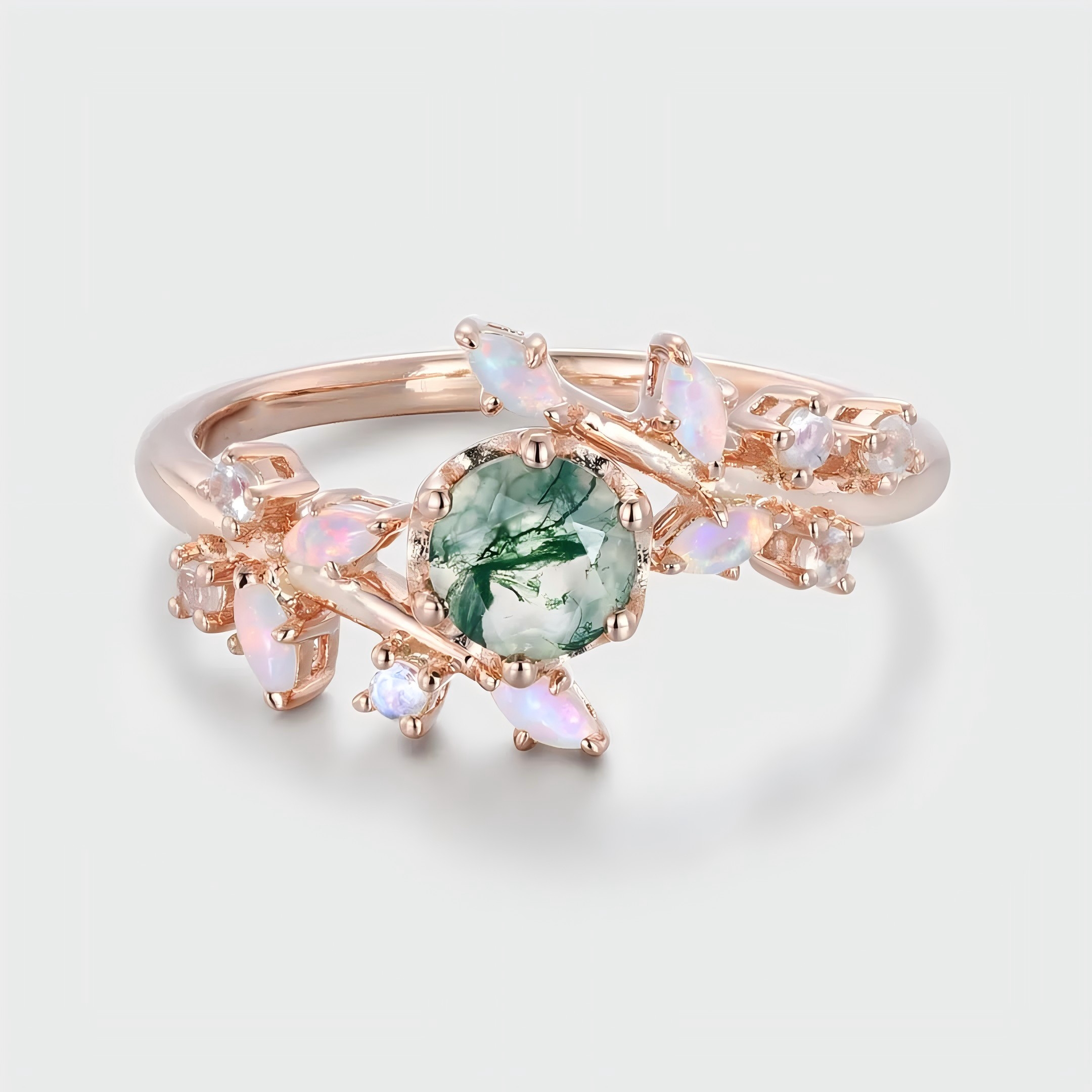 Nature-Inspired Moss Agate and Opal Engagement Ring – Vintage 14K Rose Gold Bridal Promise Ring