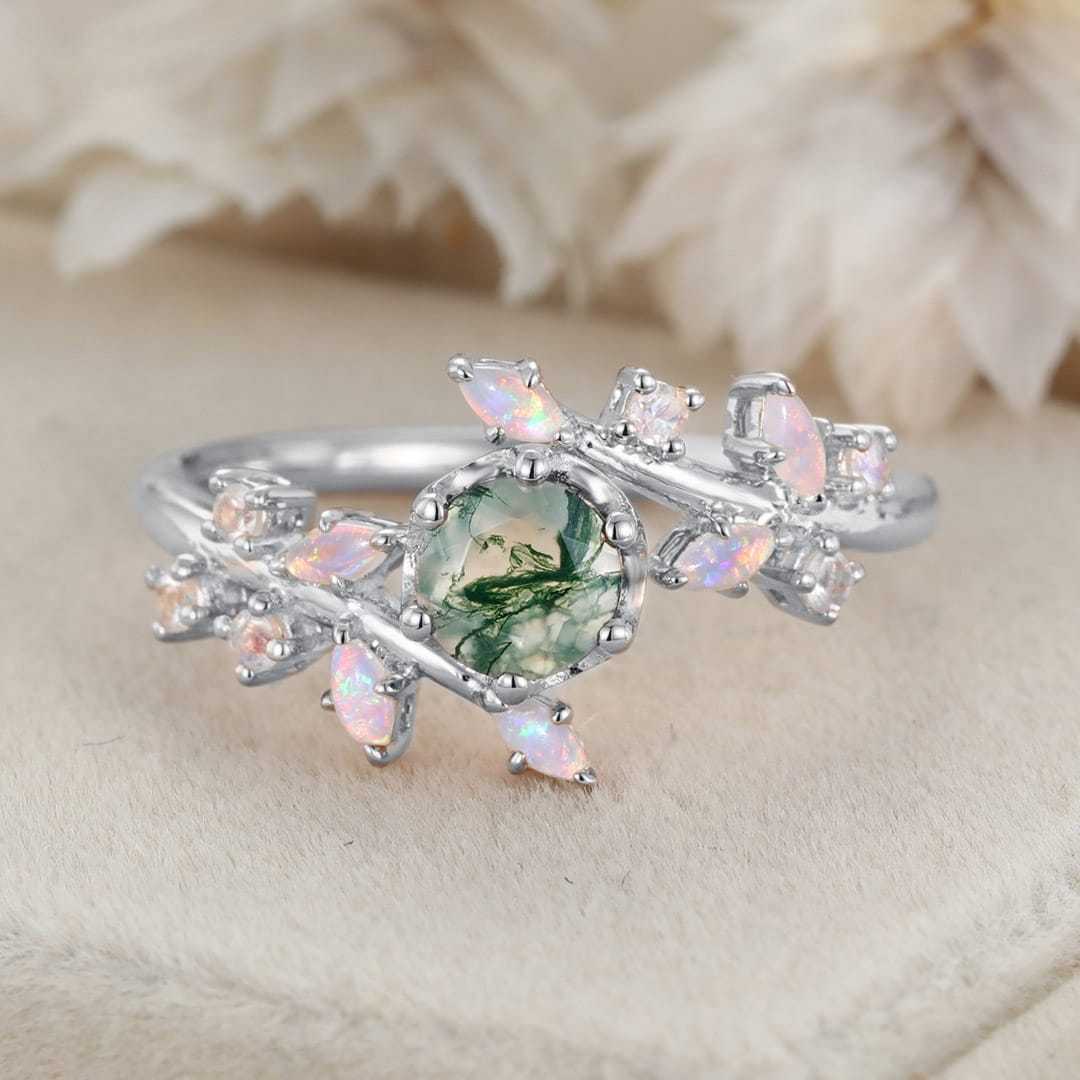 Moss Agate Engagement Ring Vintage Engagement Ring Solid 14K Gold Engagement Ring Art Deco Unique Dainty Marquise Opal Bridal Ring