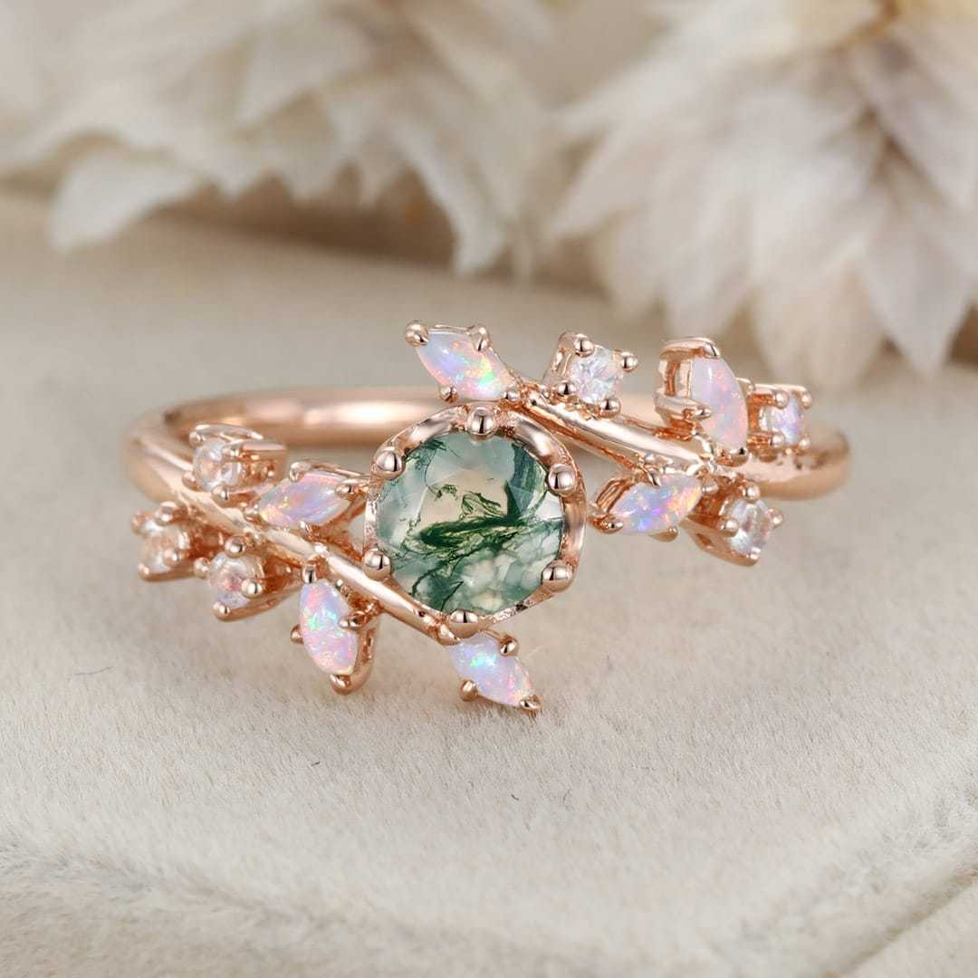 Moss Agate Engagement Ring Vintage Engagement Ring Solid 14K Gold Engagement Ring Art Deco Unique Dainty Marquise Opal Bridal Ring