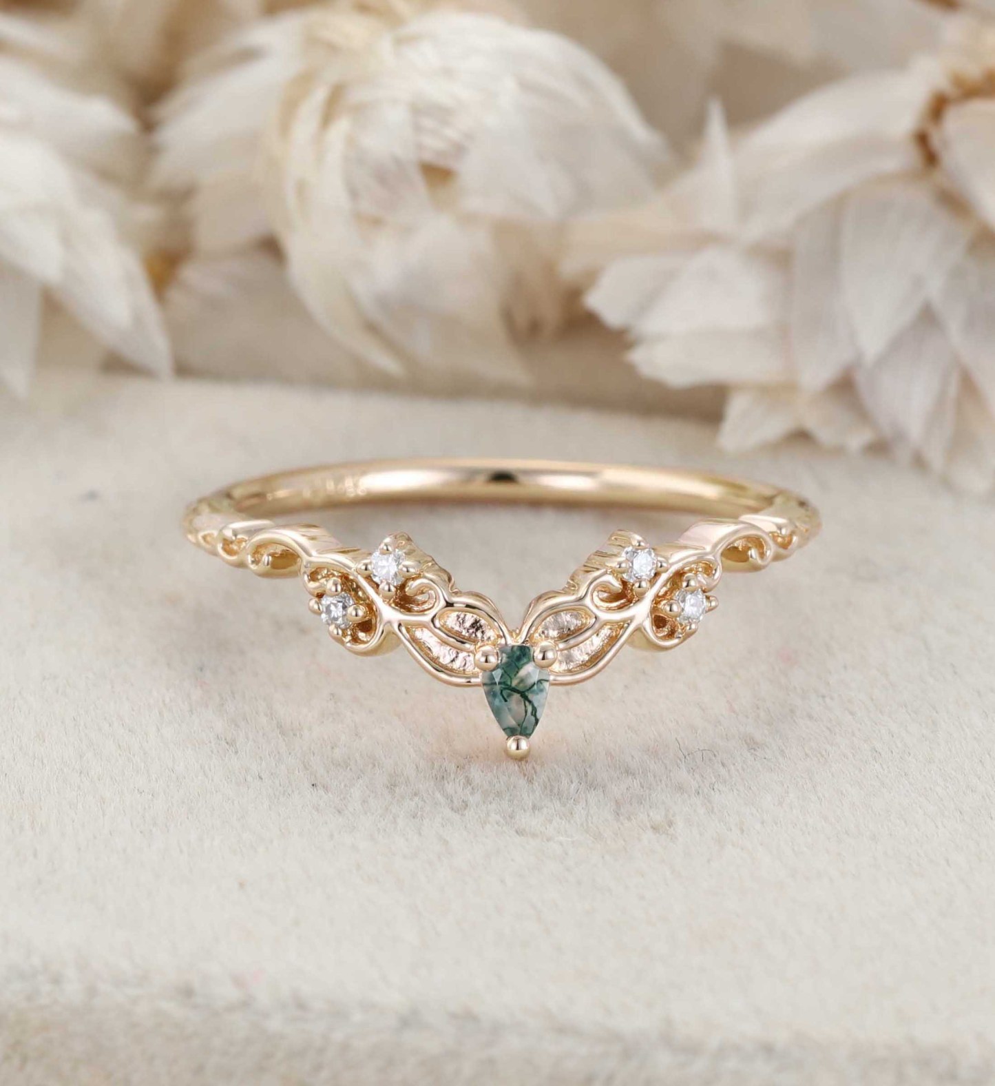 Moss Agate Wedding Band Unique Rose Gold Diamond Curved Wedding Band Filigree Stacking Band Vintage Promise Band Women