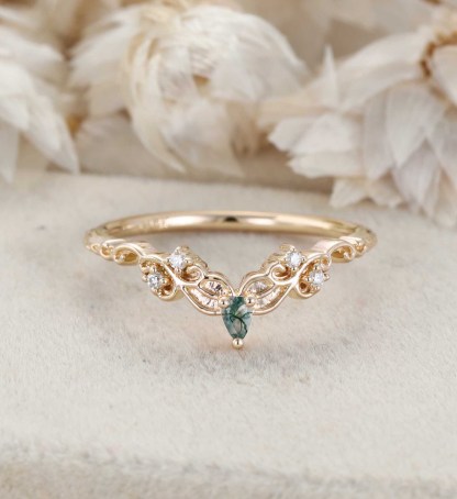 Moss Agate Wedding Band Unique Rose Gold Diamond Curved Wedding Band Filigree Stacking Band Vintage Promise Band Women