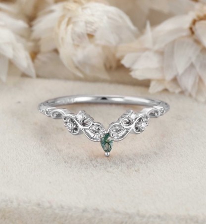 Moss Agate Wedding Band Unique Rose Gold Diamond Curved Wedding Band Filigree Stacking Band Vintage Promise Band Women