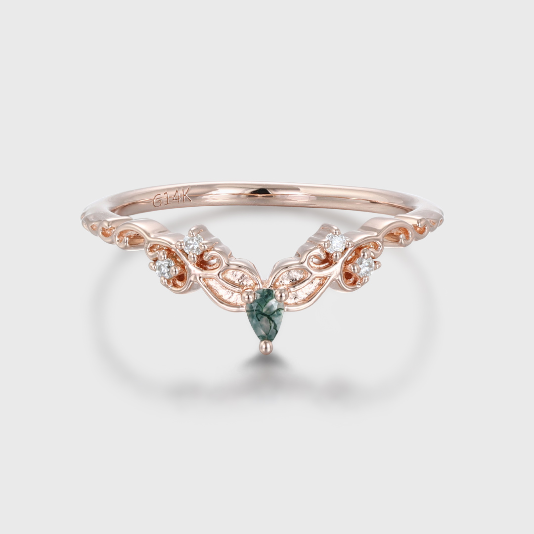 Moss Agate Wedding Band Unique Rose Gold Diamond Curved Wedding Band Filigree Stacking Band Vintage Promise Band Women