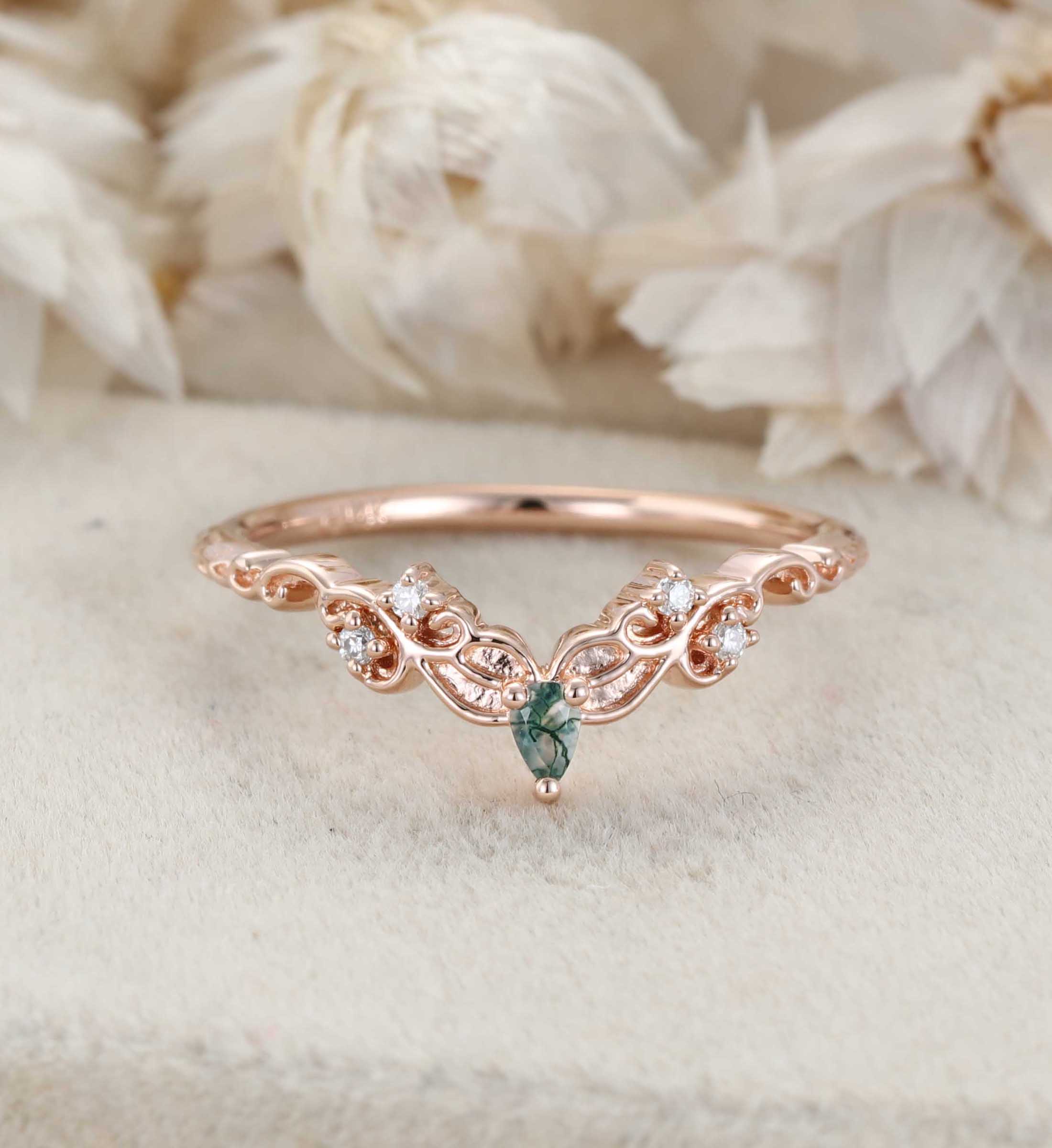 Moss Agate Wedding Band Unique Rose Gold Diamond Curved Wedding Band Filigree Stacking Band Vintage Promise Band Women