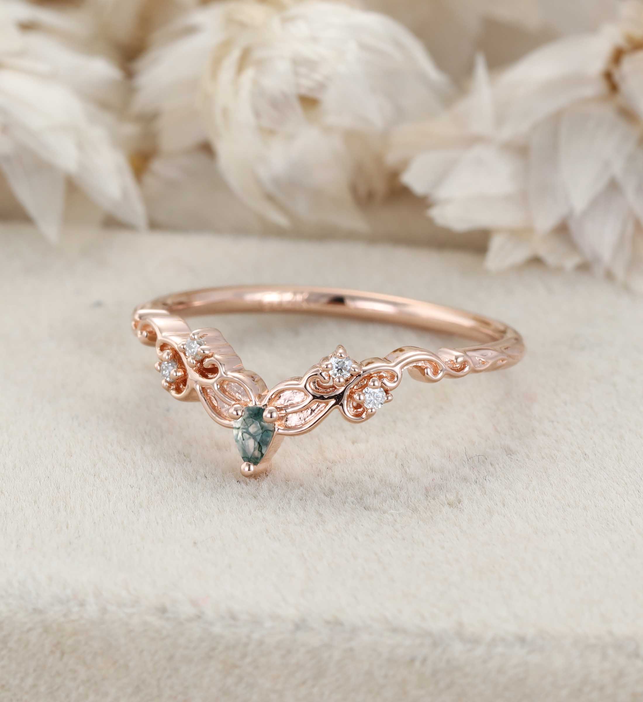 Moss Agate Wedding Band Unique Rose Gold Diamond Curved Wedding Band Filigree Stacking Band Vintage Promise Band Women