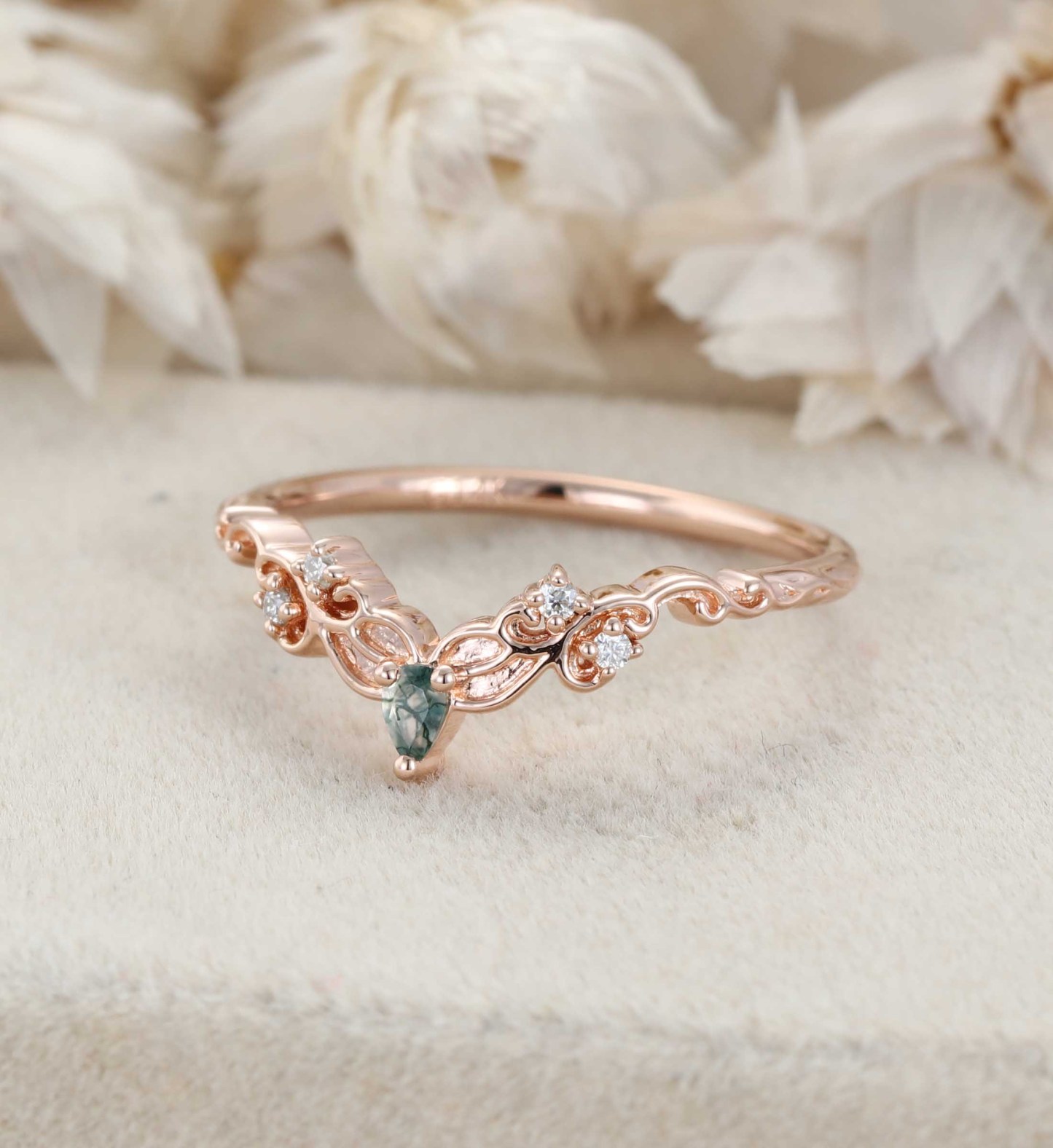 Moss Agate Wedding Band Unique Rose Gold Diamond Curved Wedding Band Filigree Stacking Band Vintage Promise Band Women