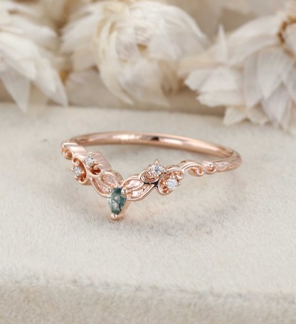 Moss Agate Wedding Band Unique Rose Gold Diamond Curved Wedding Band Filigree Stacking Band Vintage Promise Band Women