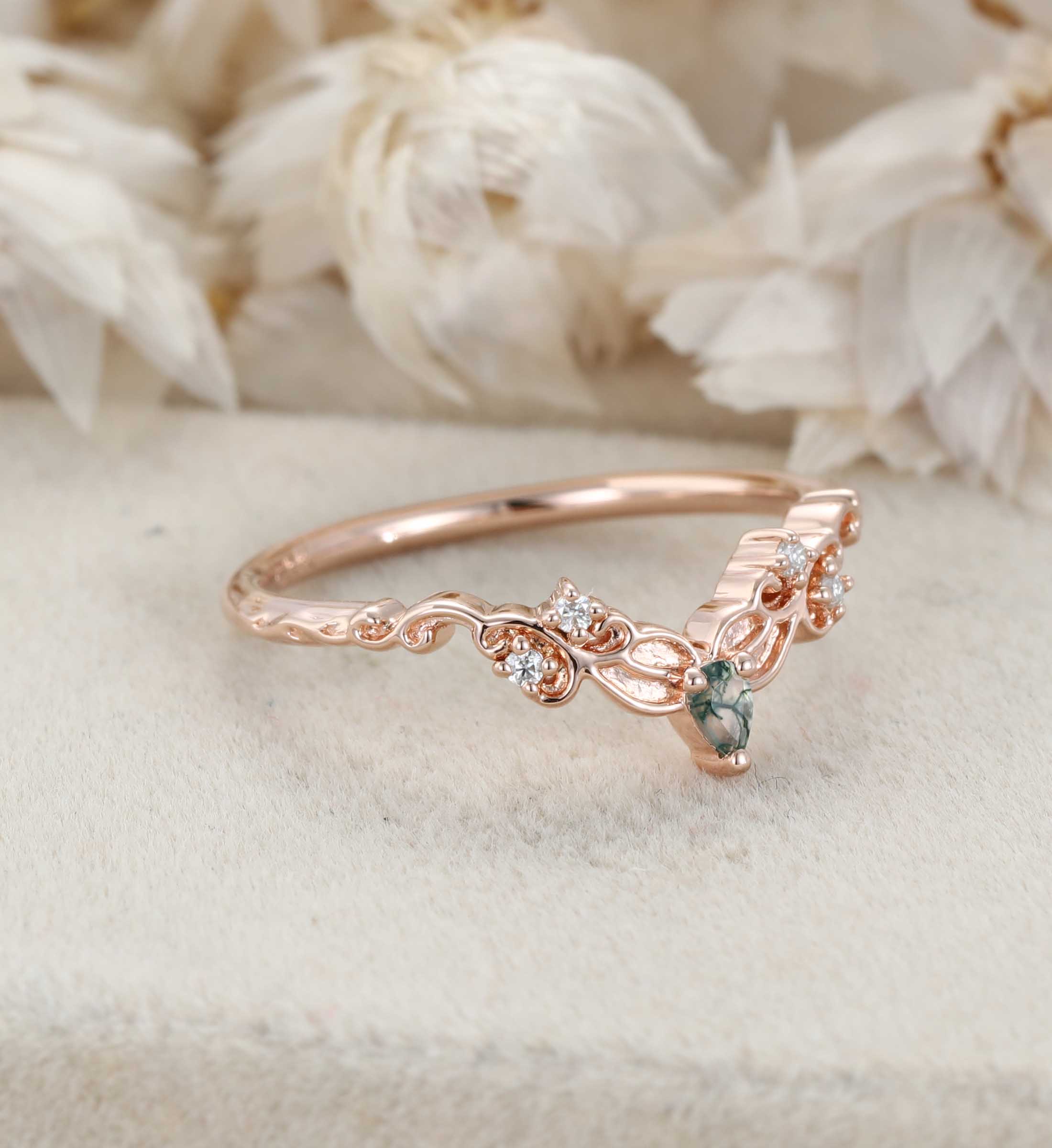 Moss Agate Wedding Band Unique Rose Gold Diamond Curved Wedding Band Filigree Stacking Band Vintage Promise Band Women