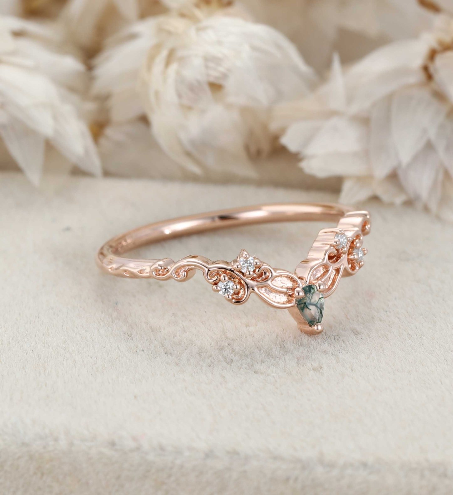 Moss Agate Wedding Band Unique Rose Gold Diamond Curved Wedding Band Filigree Stacking Band Vintage Promise Band Women