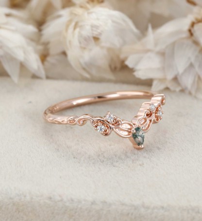 Moss Agate Wedding Band Unique Rose Gold Diamond Curved Wedding Band Filigree Stacking Band Vintage Promise Band Women
