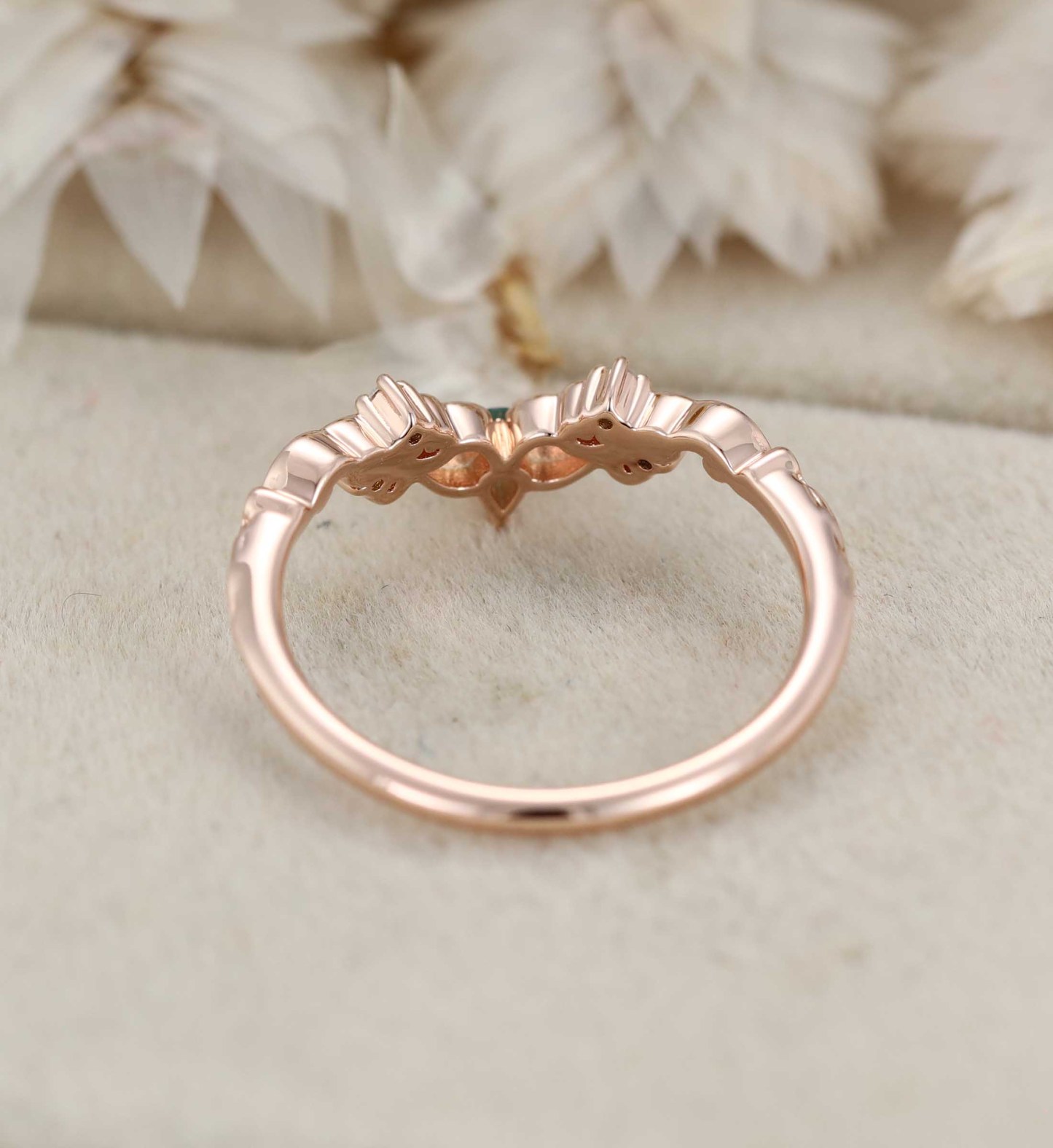 Moss Agate Wedding Band Unique Rose Gold Diamond Curved Wedding Band Filigree Stacking Band Vintage Promise Band Women