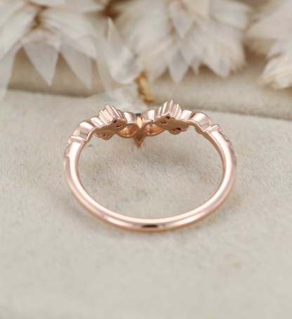 Moss Agate Wedding Band Unique Rose Gold Diamond Curved Wedding Band Filigree Stacking Band Vintage Promise Band Women
