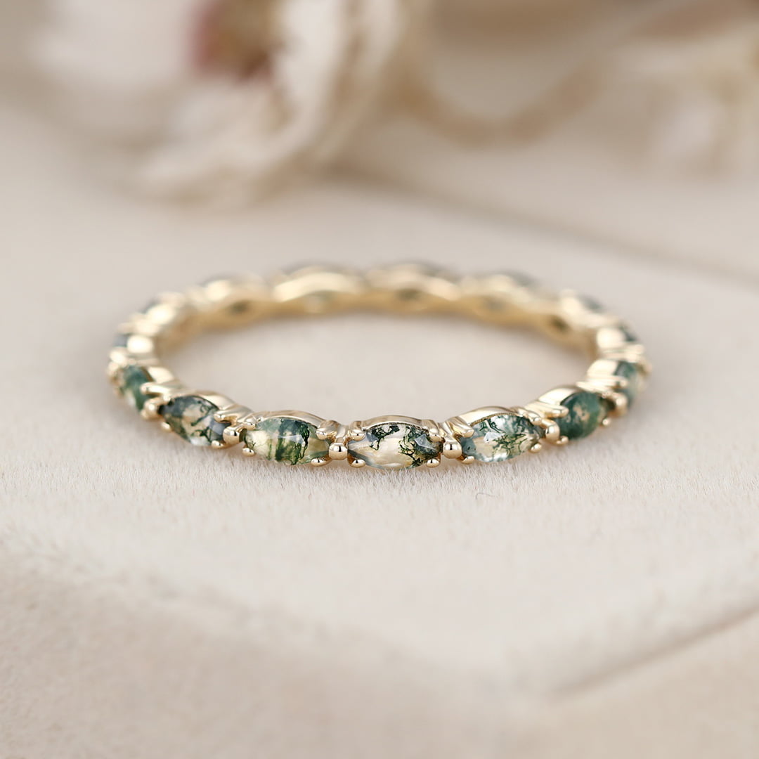 Natura Moss Agate Stacking Wedding Band In 14K Yellow Gold