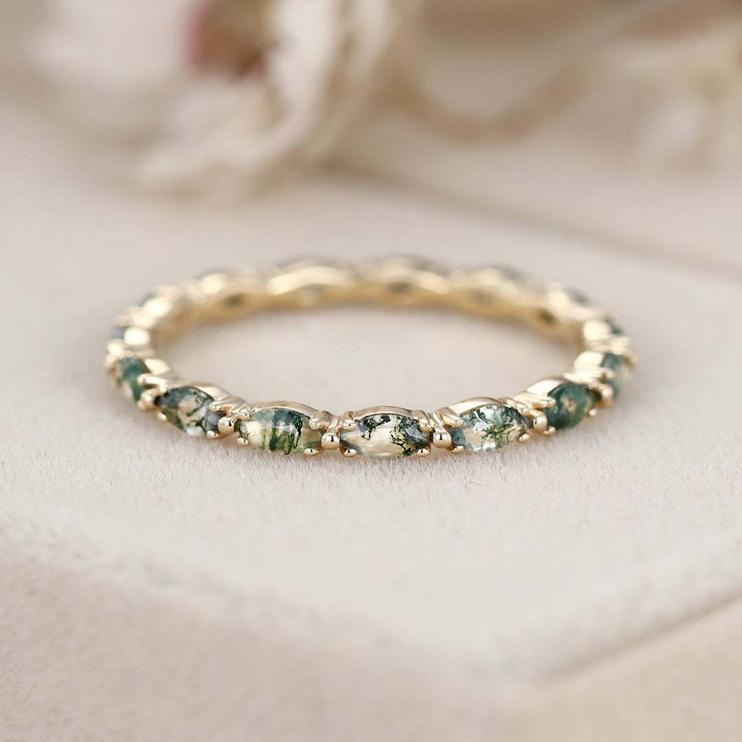 Natura Moss Agate Stacking Wedding Band In 14K Yellow Gold