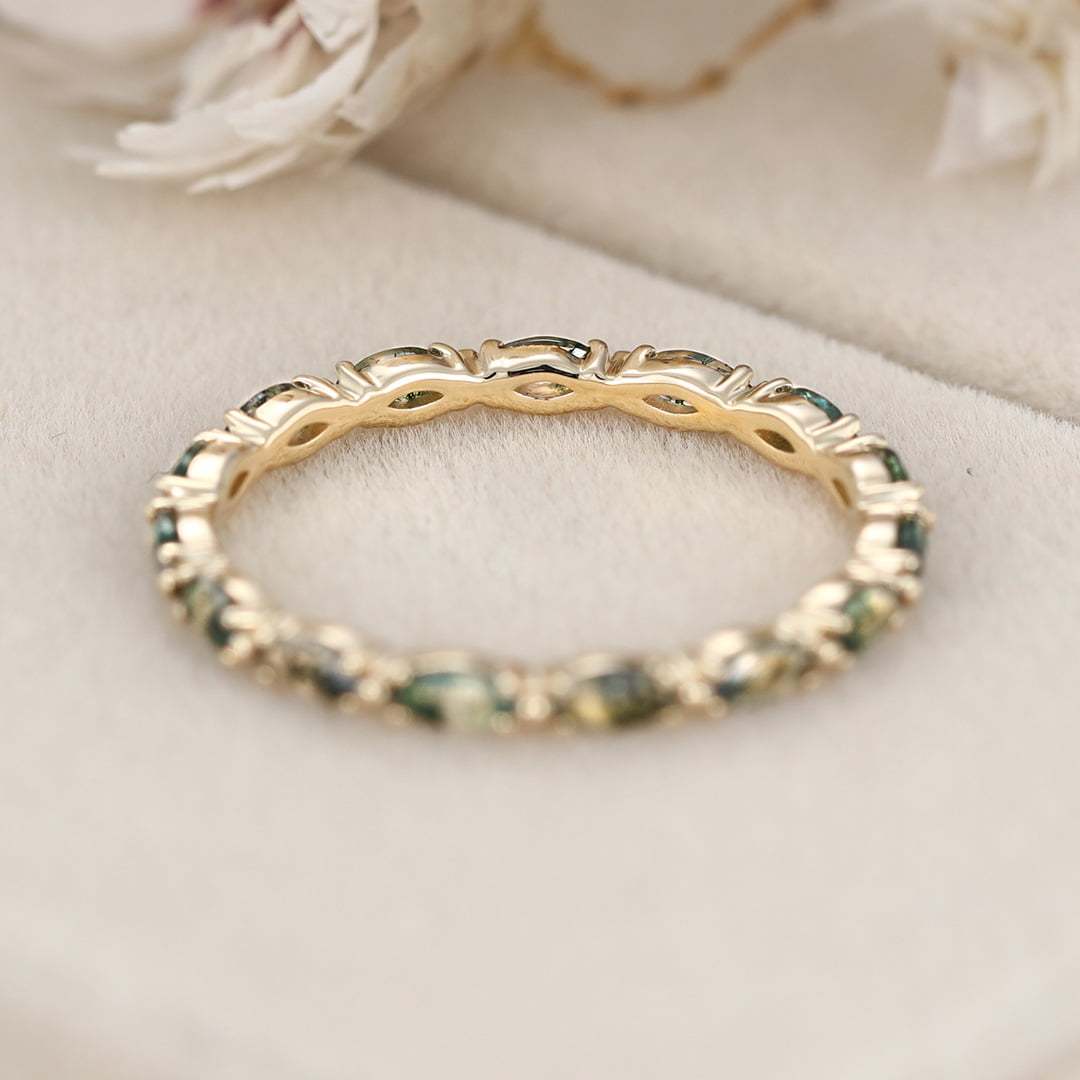 Natura Moss Agate Stacking Wedding Band In 14K Yellow Gold