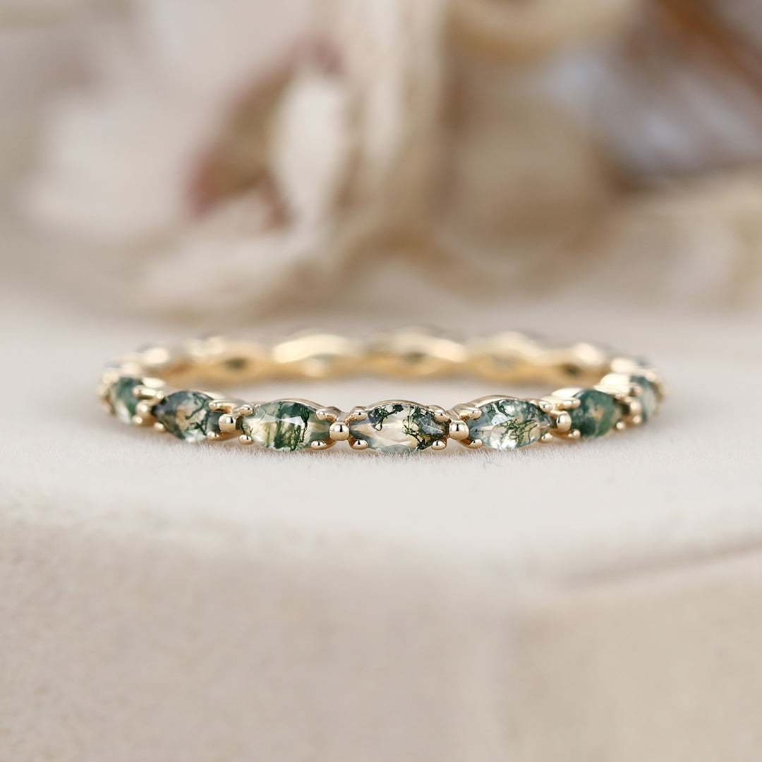 Natura Moss Agate Stacking Wedding Band In 14K Yellow Gold