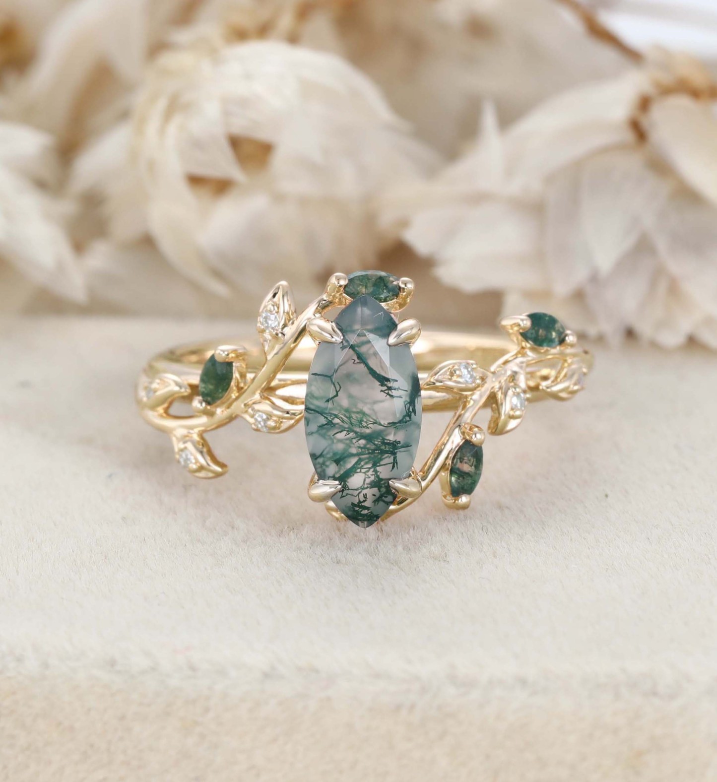 Natural Inspired Marquise Cut Moss Agate Engagement Ring Rose Gold Twist Leaf Ring Branch Anniversary Promise Twist Ring