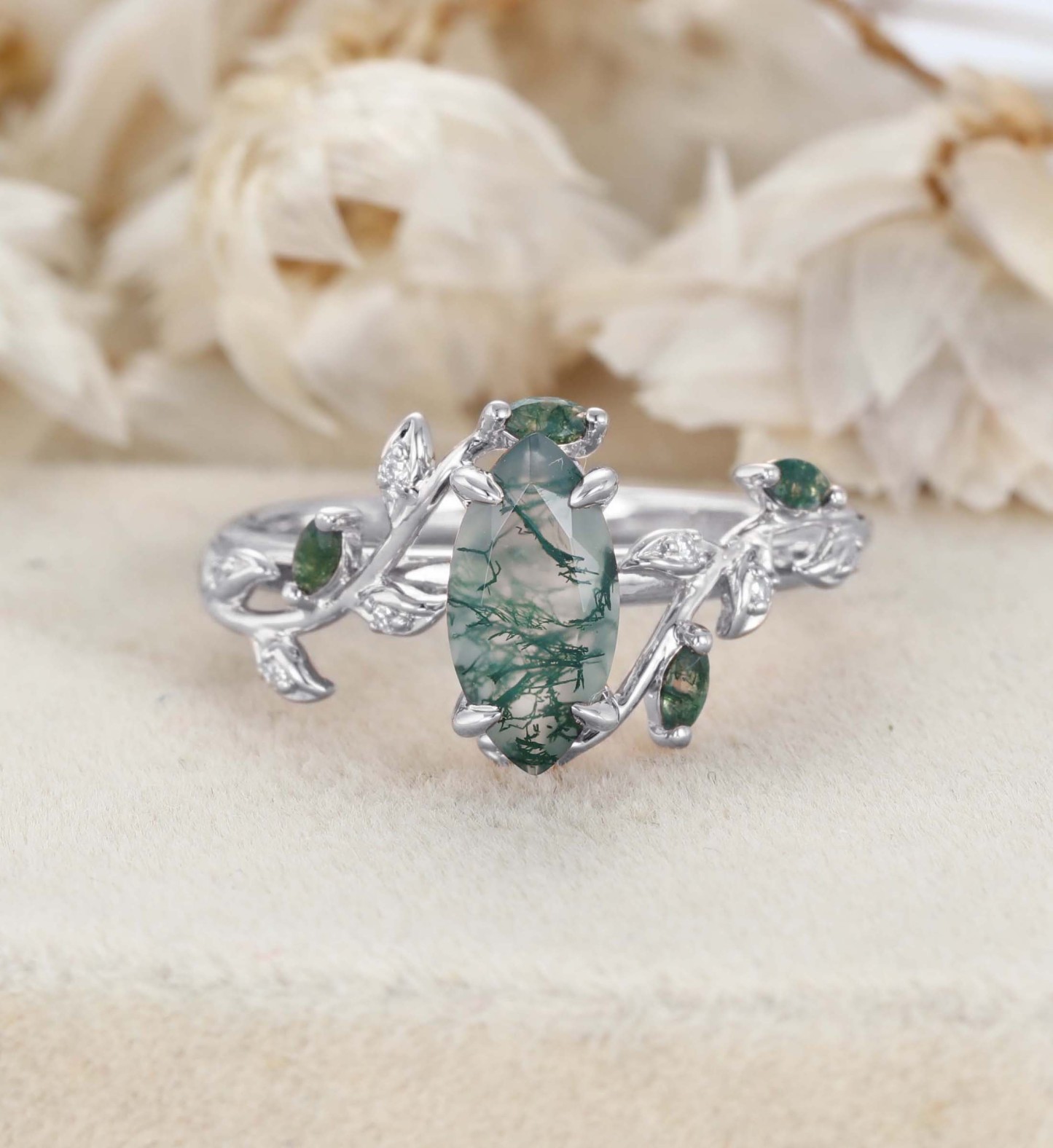 Natural Inspired Marquise Cut Moss Agate Engagement Ring Rose Gold Twist Leaf Ring Branch Anniversary Promise Twist Ring
