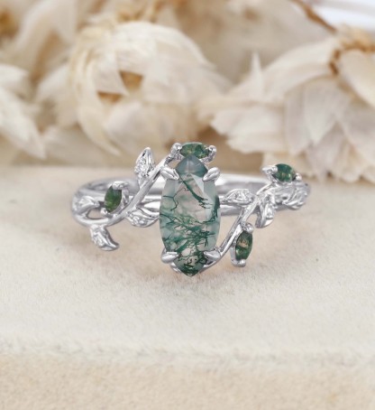 Natural Inspired Marquise Cut Moss Agate Engagement Ring Rose Gold Twist Leaf Ring Branch Anniversary Promise Twist Ring